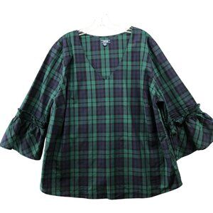 Izod Plaid Blouse Womens XXL Black Watch Bell Sleeve V-Neck Top Cotton Poplin